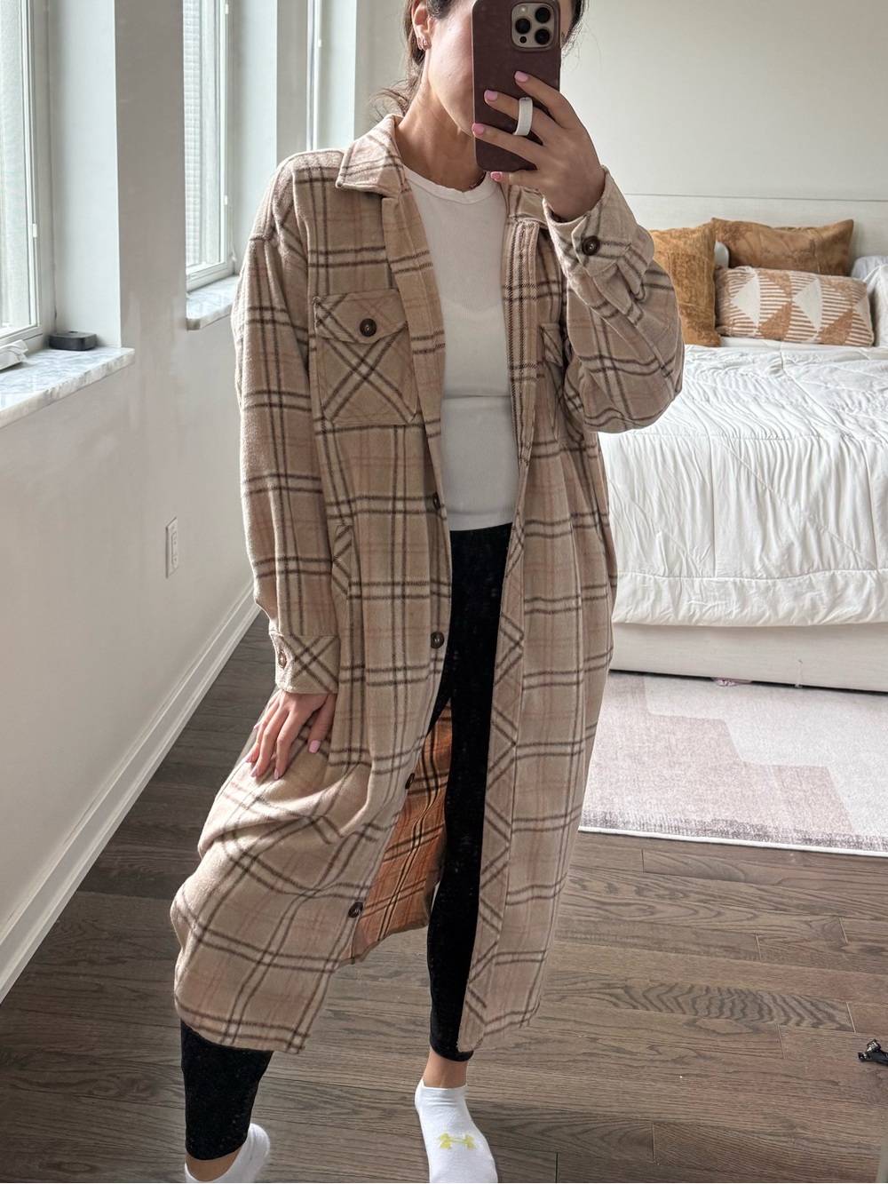 Le Lis Beige Plaid Long Shacket Jacket